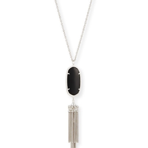 Kendra Scott Rayne Necklace Black Glass Pendant Silver Tassel - Picture 1 of 5